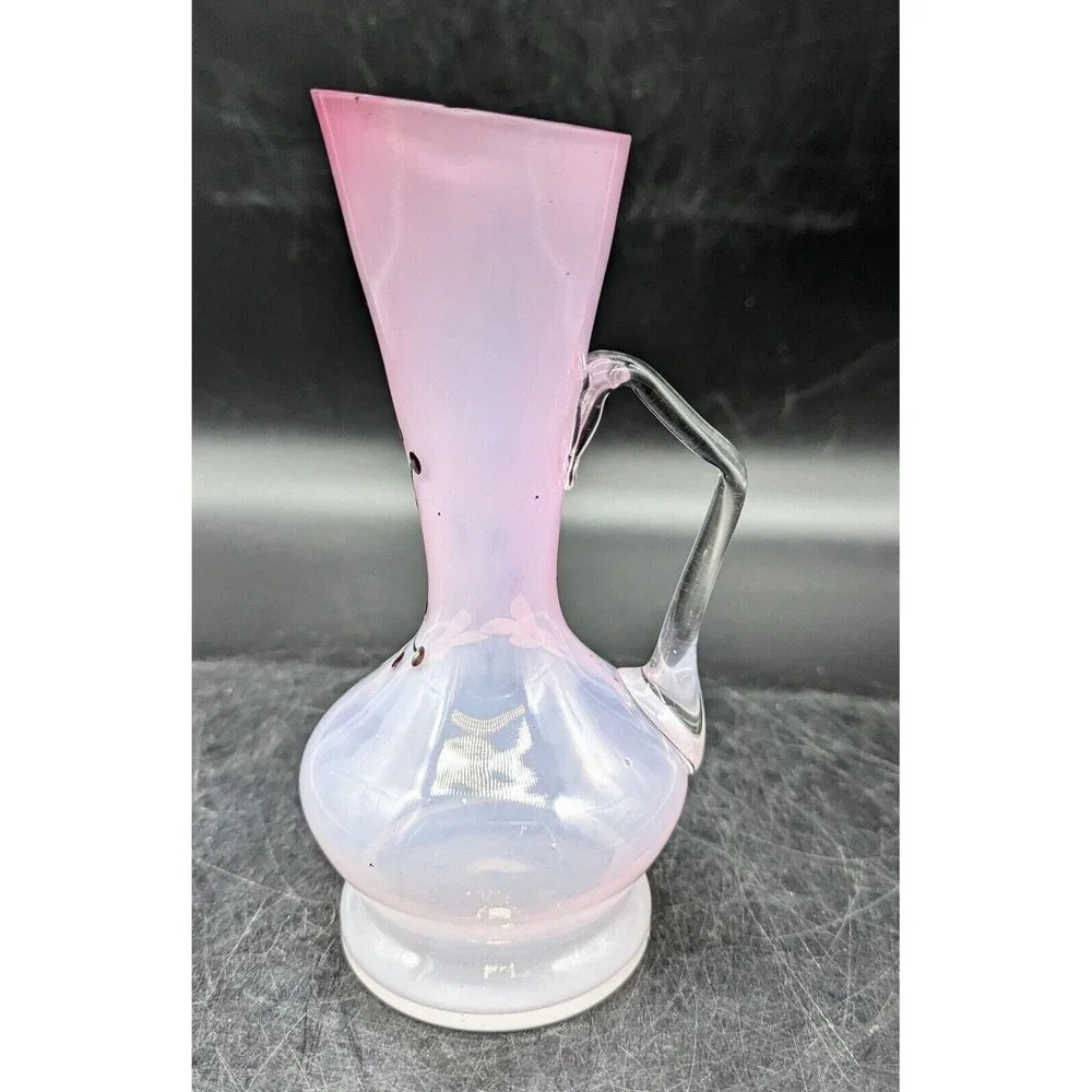 Antique Hand Painted Enameled Victorian Art Glass Pitcher Ewer Pink 6.75